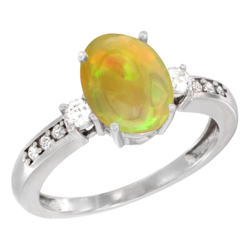 10k White Gold Diamond Natural Ethiopian Opal Engagement Ring Oval 9x7 mm, size 5 - 10