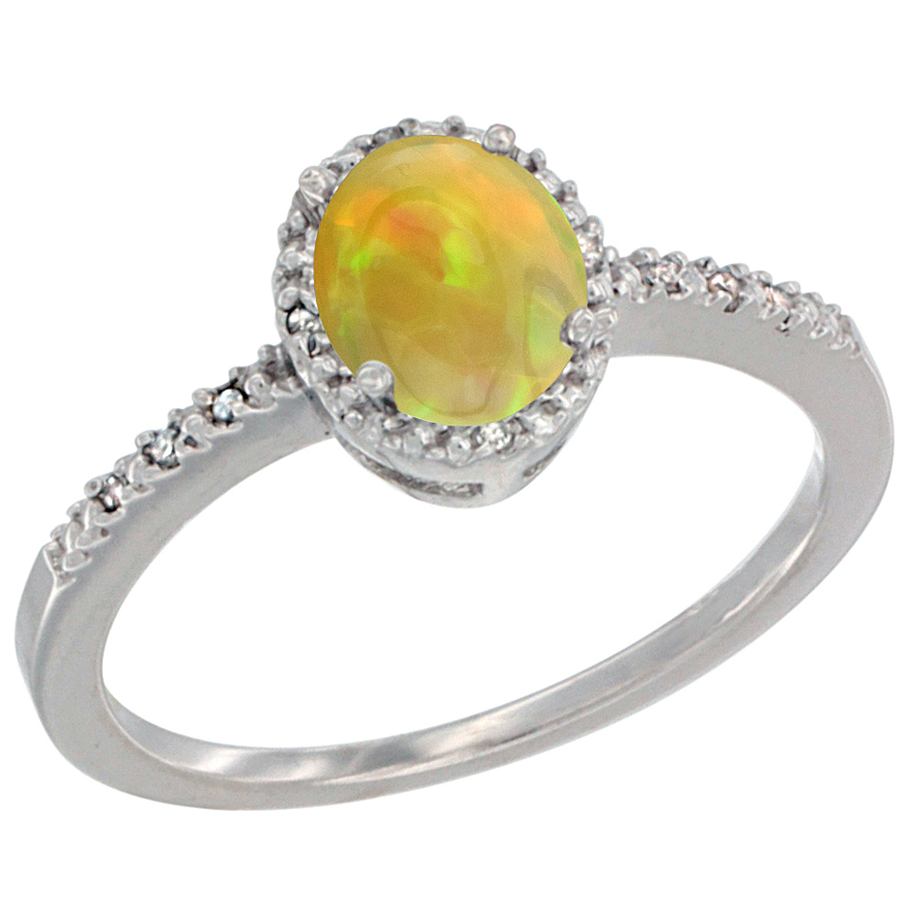 10K White Gold Diamond Natural Ethiopian Opal Engagement Ring Oval 7x5 mm, size 5 - 10