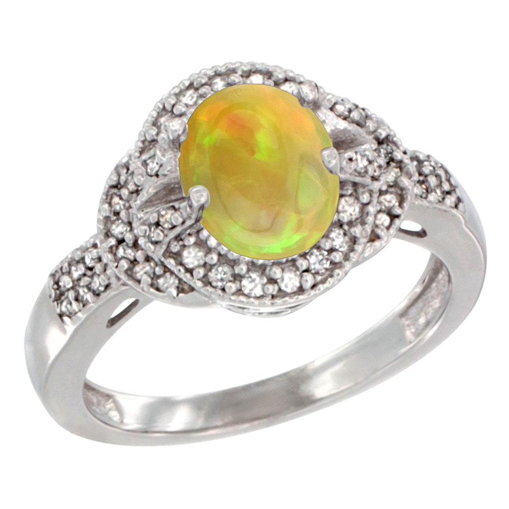 10K White Gold Diamond Natural Ethiopian Opal Engagement Ring Oval 8x6 mm, size 5 - 10