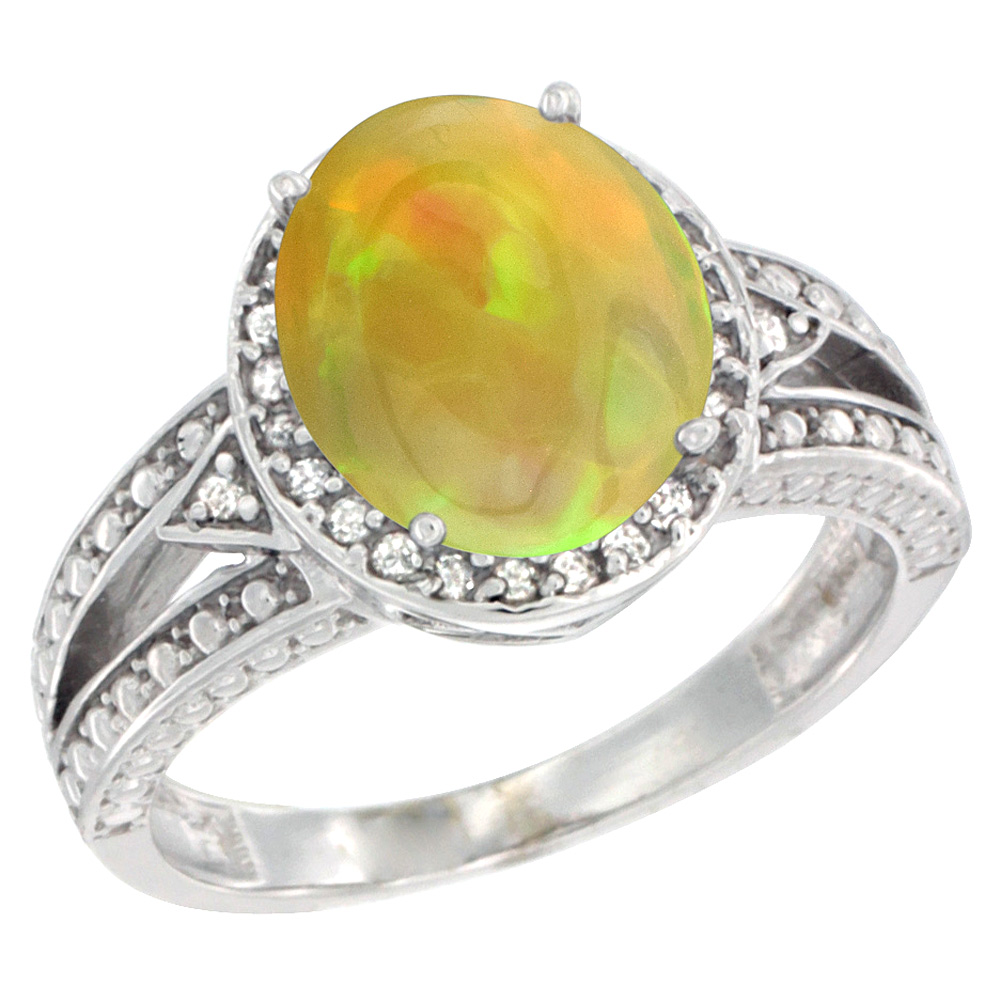14K White Gold Natural Ethiopian Opal Engagement Ring Oval 9x7 mm Diamond Halo, size 5 - 10