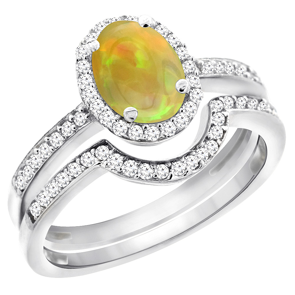 14K White Gold Diamond Natural Ethiopian Opal 2-Pc. Engagement Ring Set Oval 8x6 mm, sizes 5 - 10