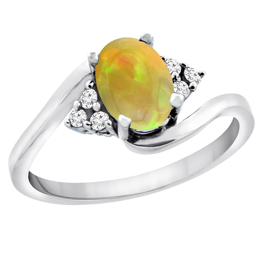 10K White Gold Diamond Natural Ethiopian Opal Engagement Ring Oval 7x5mm, size 5 - 10