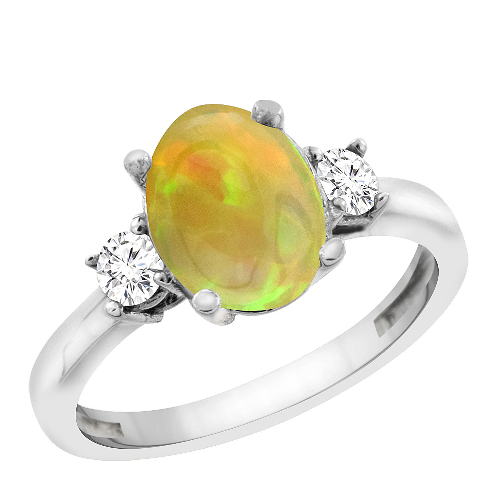 10K White Gold Natural Ethiopian Opal Engagement Ring Oval 10x8 mm Diamond Sides, size 5 - 10