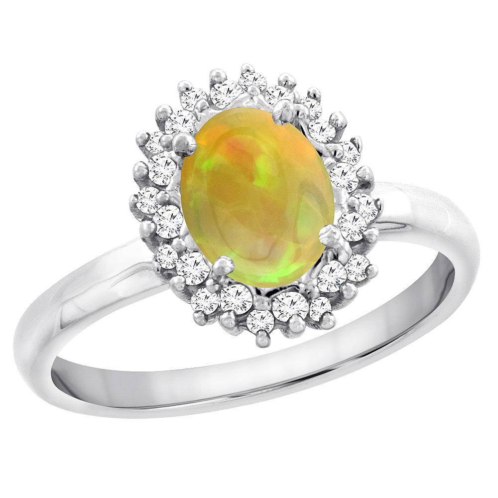 10K Yellow Gold Diamond Natural Ethiopian Opal Engagement Ring Oval 7x5mm, size 5 - 10