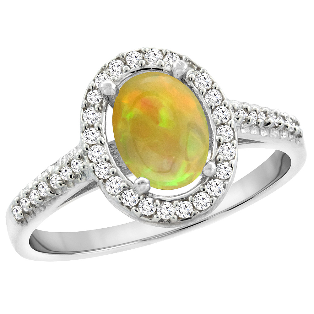14K White Gold Natural Ethiopian Opal Engagement Ring Oval 7x5 mm Diamond Halo, size 5 - 10