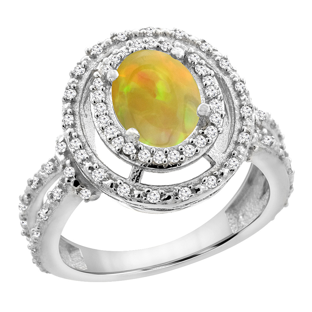 10K White Gold Diamond Halo Natural Ethiopian Opal Engagement Ring Oval 8x6 mm, size 5 - 10
