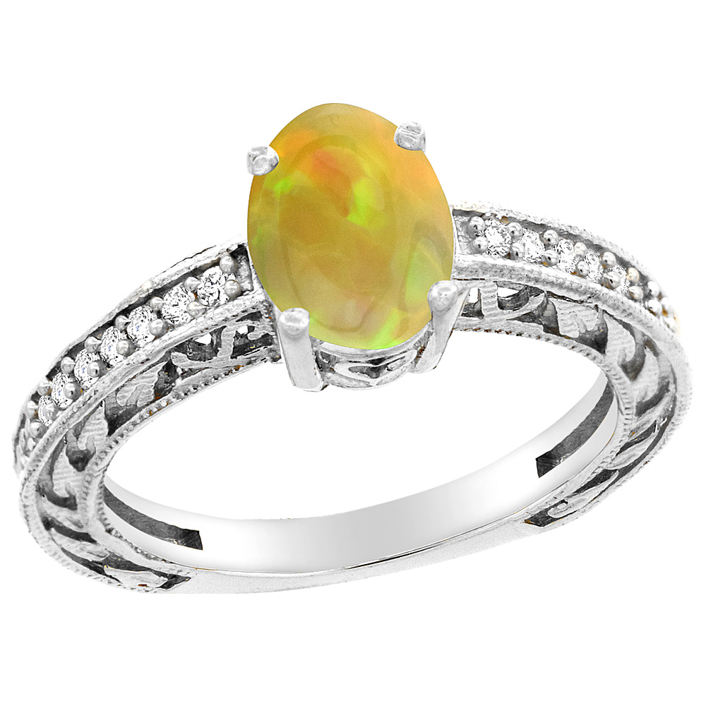 10K Gold Diamond Natural Ethiopian Opal Engagement Ring Oval 8x6 mm, size 5 - 10