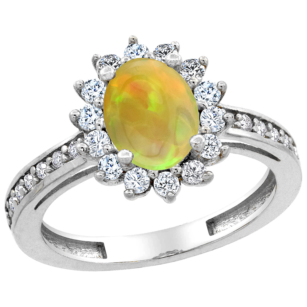 10K White Gold Diamond Halo Natural Ethiopian Opal Engagement Ring Oval 8x6mm, size 5 - 10