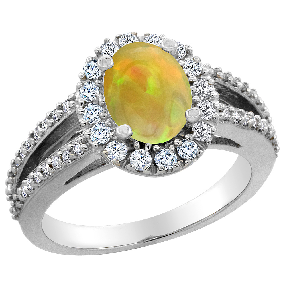 14K Yellow Gold Diamond Natural Ethiopian Opal Halo Engagement Ring Oval 8x6 mm, size 5 - 10