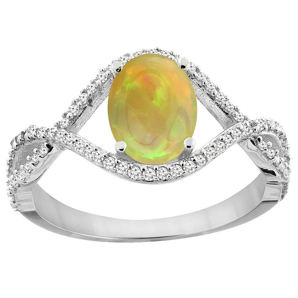 14K White Gold Diamond Natural Ethiopian Opal Infinity Engagement Ring Oval 8x6 mm, size 5 - 10
