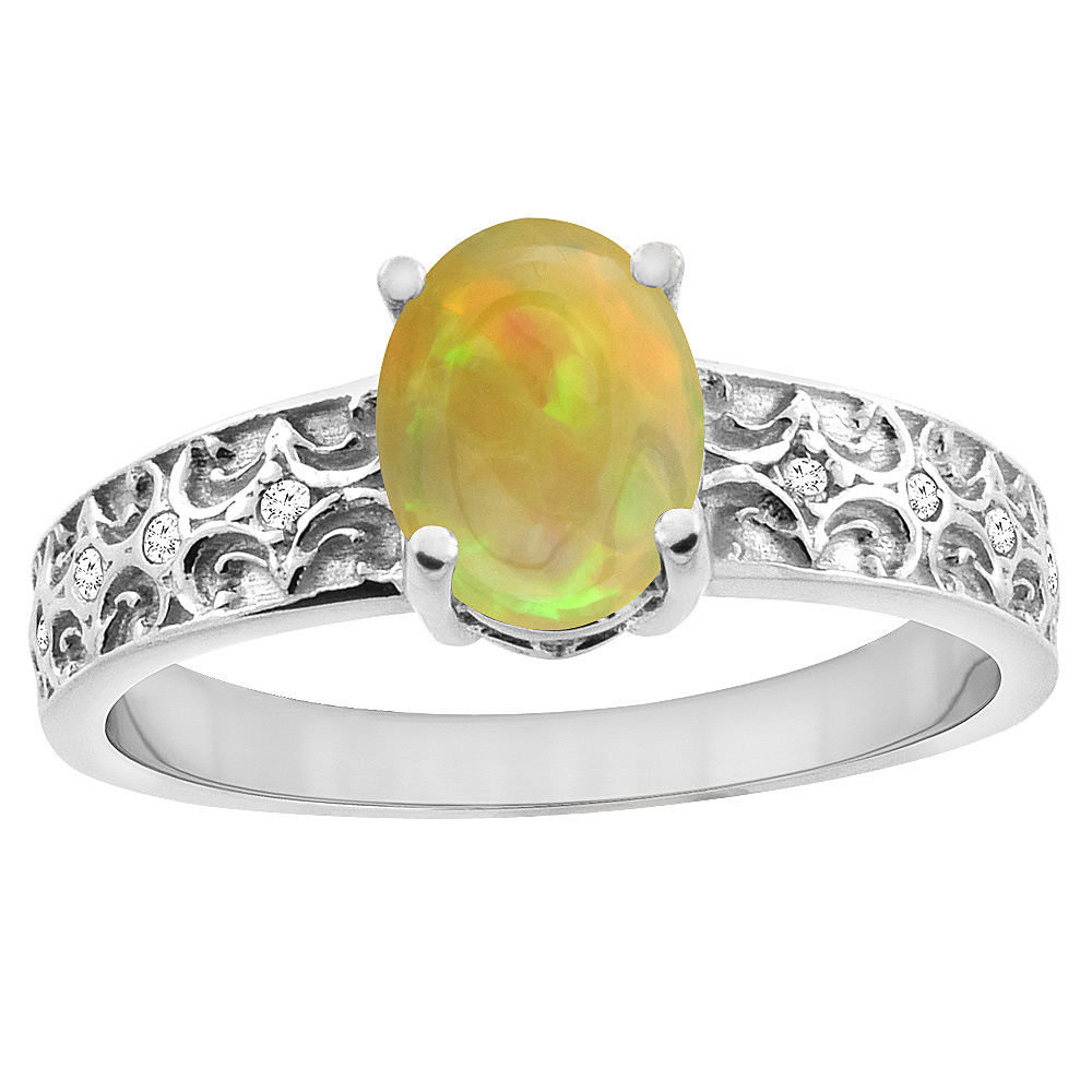 14K White Gold Diamond Natural Ethiopian Opal Engagement Ring Oval 8x6 mm, size 5 - 10