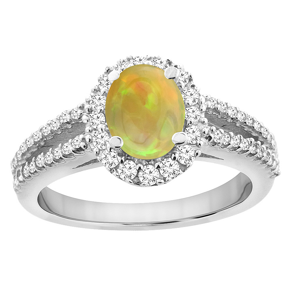 14K White Gold Natural Ethiopian Opal Diamond Halo Engagement Ring Oval 7x5 mm, size 5 - 10