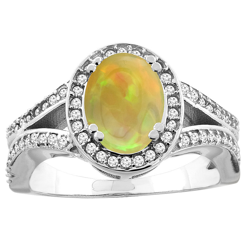 10K White/Yellow Gold Diamond Natural Ethiopian Opal Split Shank Engagement Ring Oval 8x6mm, size 5 - 10