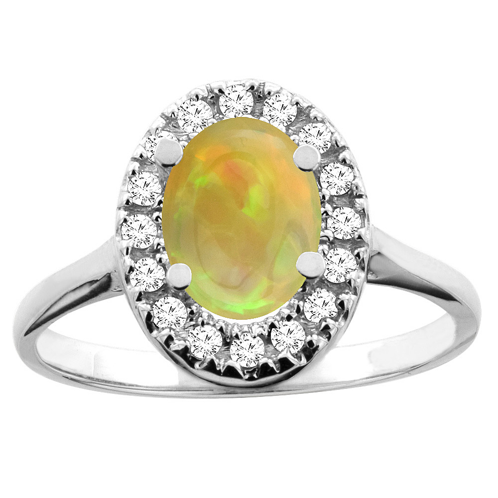 10K White/Yellow Gold Diamond Halo Natural Ethiopian Opal Engagement Ring Oval 8x6mm, size 5 - 10