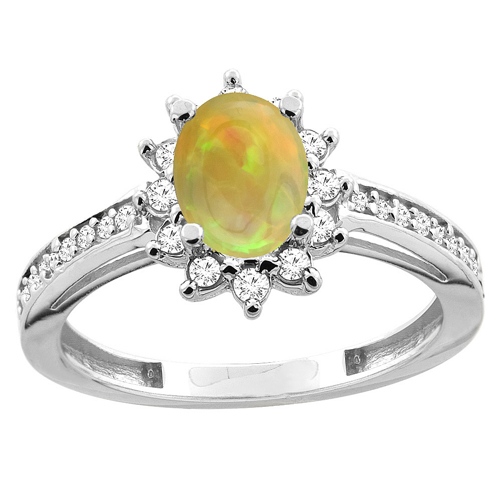 10K White/Yellow Gold Diamond Halo Natural Ethiopian Opal Engagement Ring Oval 7x5mm, size 5 - 10