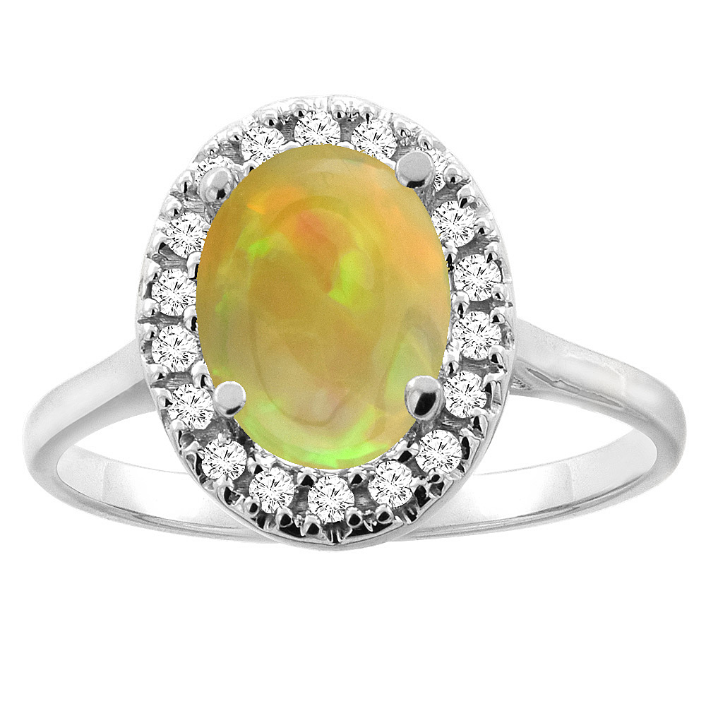 10K Gold Diamond Natural Ethiopian Opal Halo Engagement Ring Oval 9x7mm, size 5 - 10