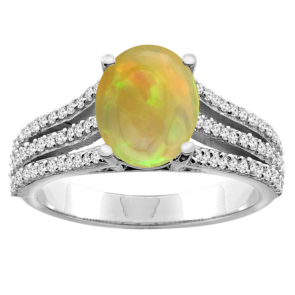 10K White/Yellow Gold Diamond Natural Ethiopian Opal Tri-split Engagement Ring Oval 9x7mm, size 5 - 10