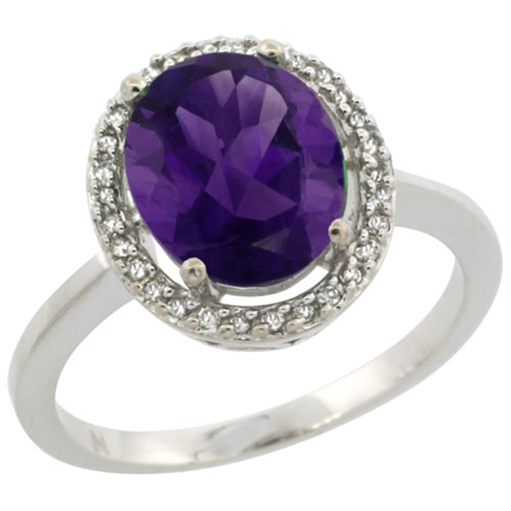 Sterling Silver Diamond Halo Natural Amethyst Ring Oval 10X8 mm, 1/2 inch wide, sizes 5-10