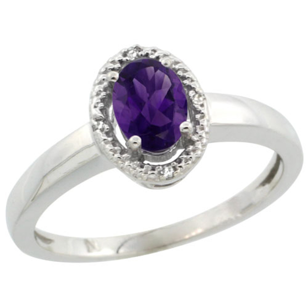 Sterling Silver Diamond Halo Natural Amethyst Ring Oval 6X4 mm, 3/8 inch wide, sizes 5-10