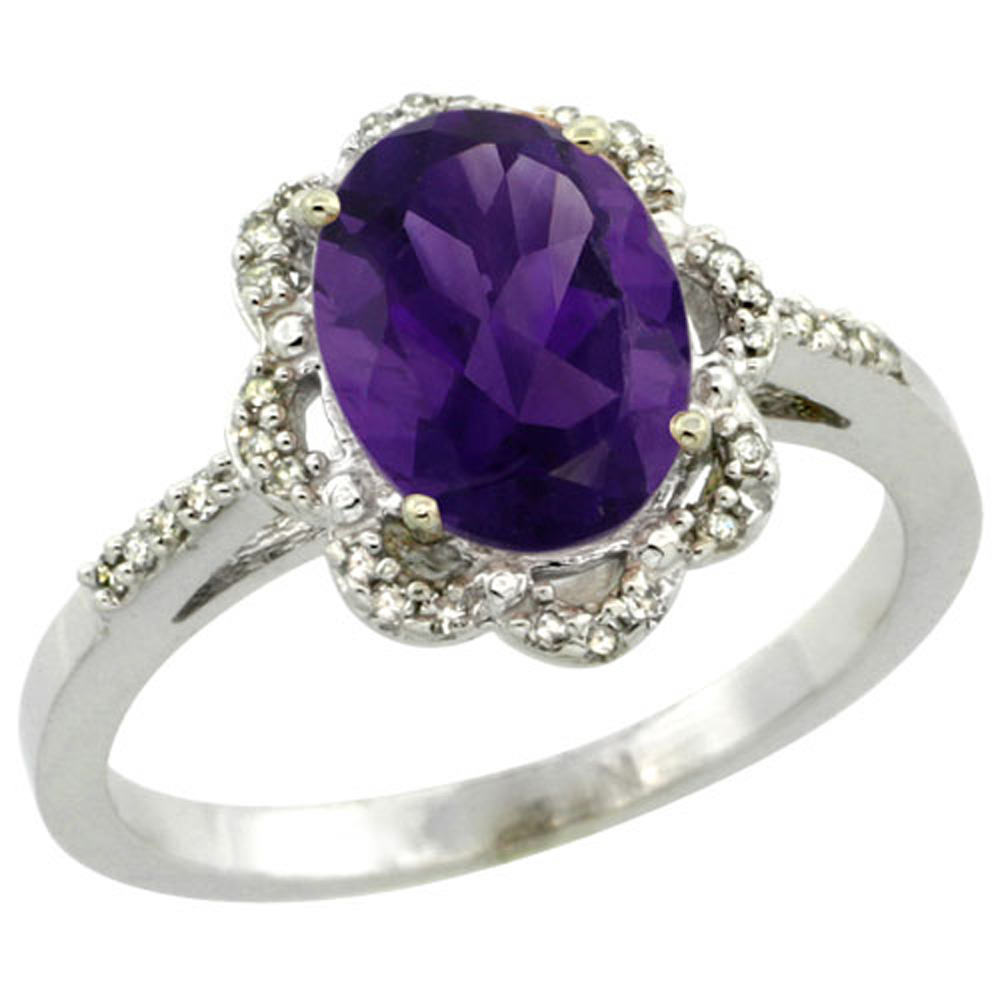 Sterling Silver Diamond Halo Natural Amethyst Ring Oval 9x7mm, 7/16 inch wide, sizes 5-10