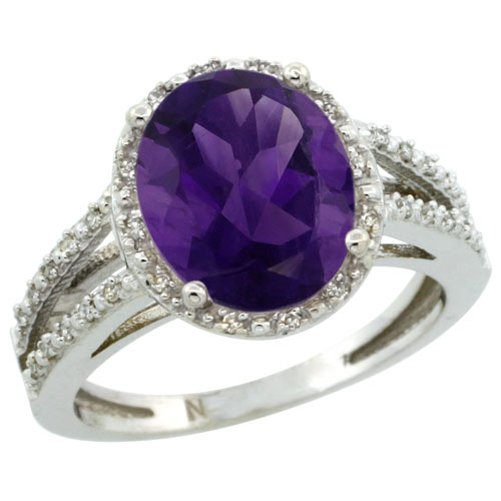 Sterling Silver Diamond Halo Natural Amethyst Ring Oval 11x9mm, 7/16 inch wide, sizes 5-10