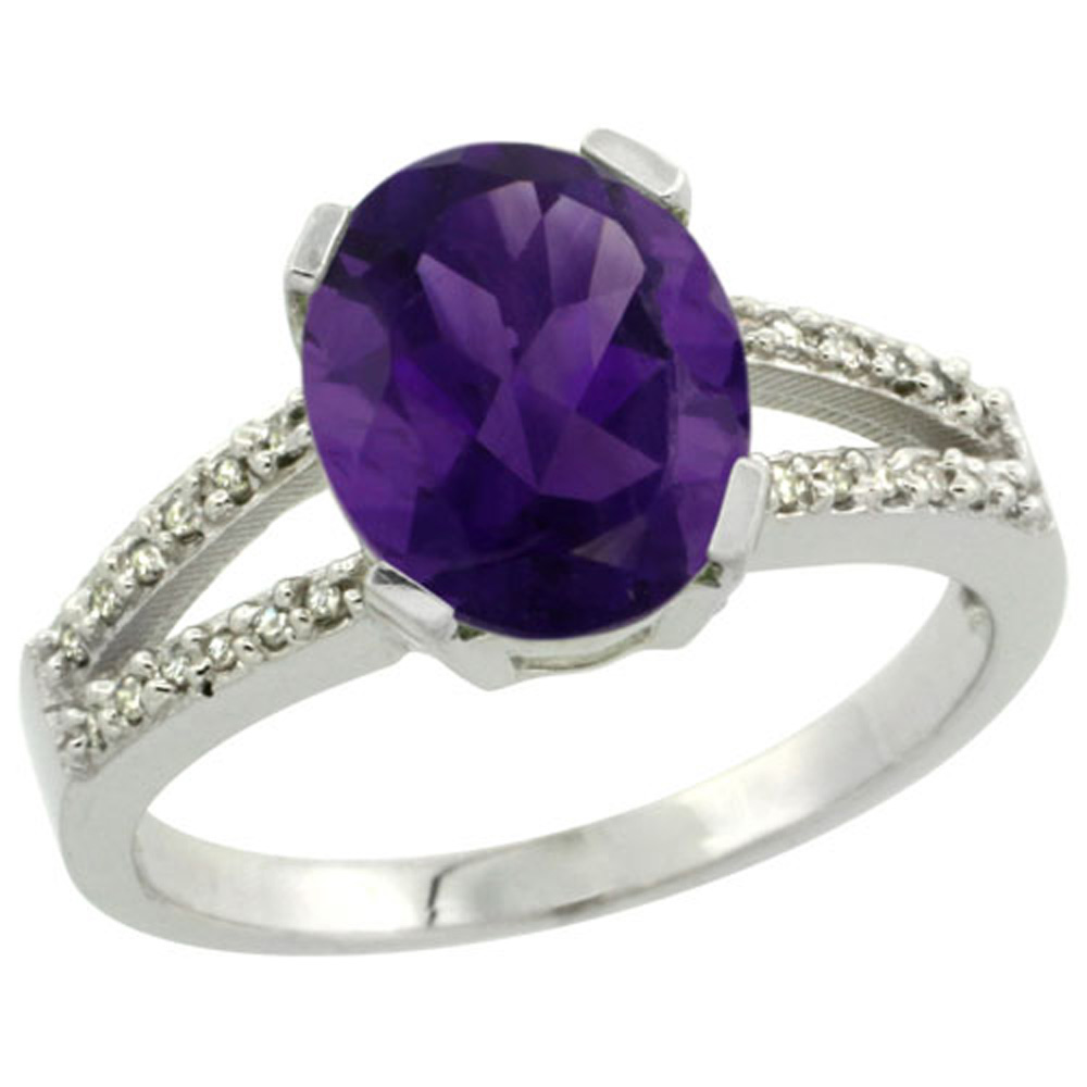 Sterling Silver Diamond Halo Natural Amethyst Ring Oval 10x8mm, 3/8 inch wide, sizes 5-10