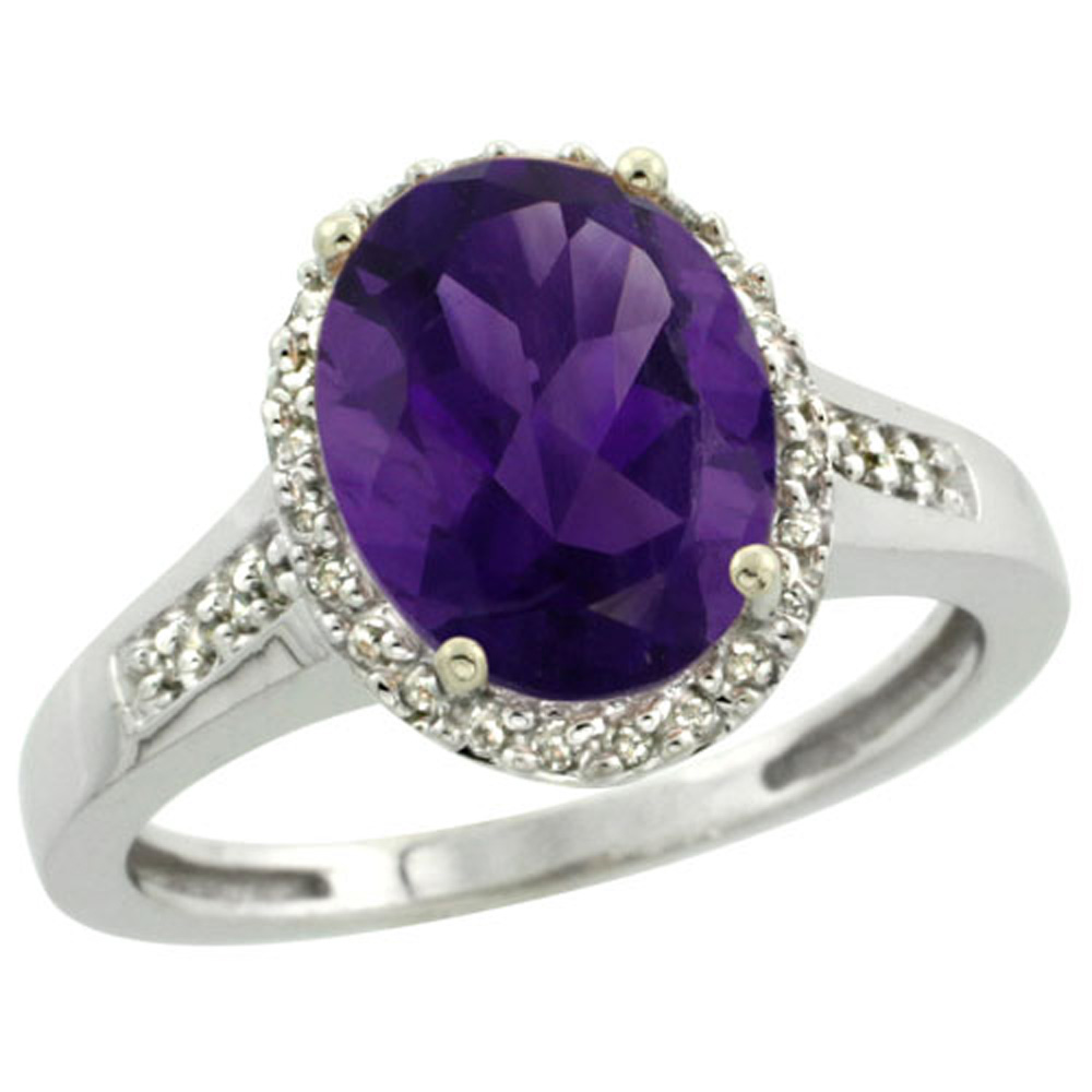 Sterling Silver Diamond Natural Amethyst Ring Oval 10x8mm, 1/2 inch wide, sizes 5-10
