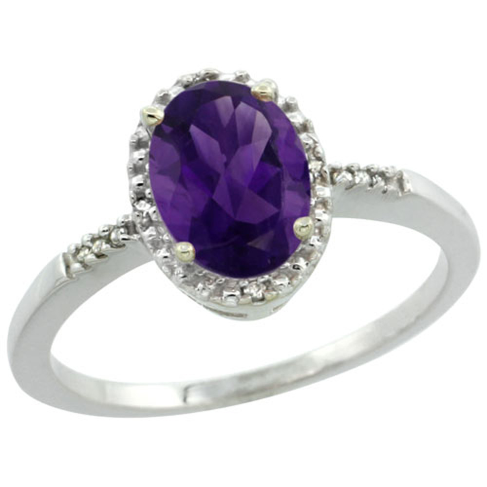 Sterling Silver Diamond Natural Amethyst Ring Oval 8x6mm, 3/8 inch wide, sizes 5-10