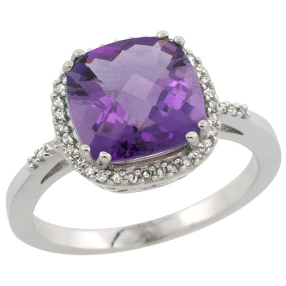 Sterling Silver Diamond Natural Amethyst Ring Cushion-cut 9x9mm, 1/2 inch wide, sizes 5-10
