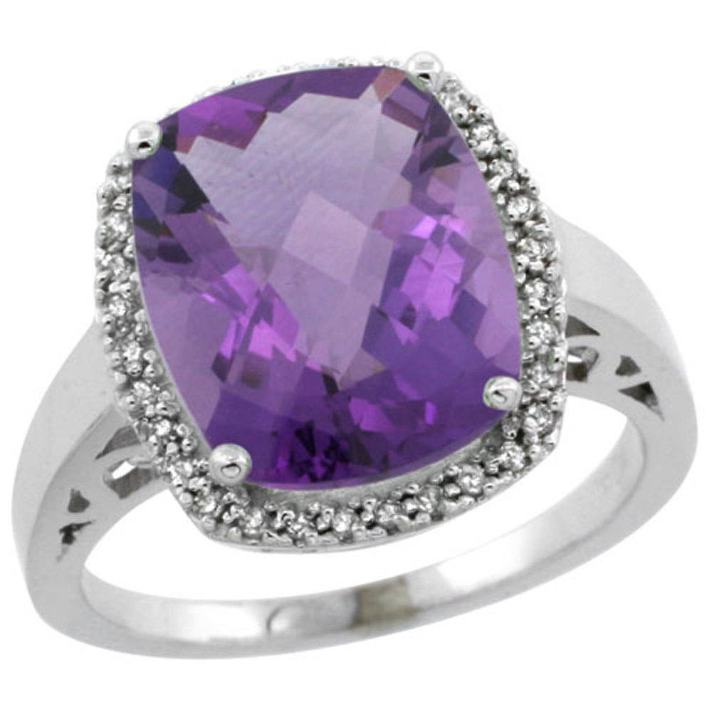 Sterling Silver Diamond Natural Amethyst Ring Cushion-cut 12x10mm, 1/2 inch wide, sizes 5-10