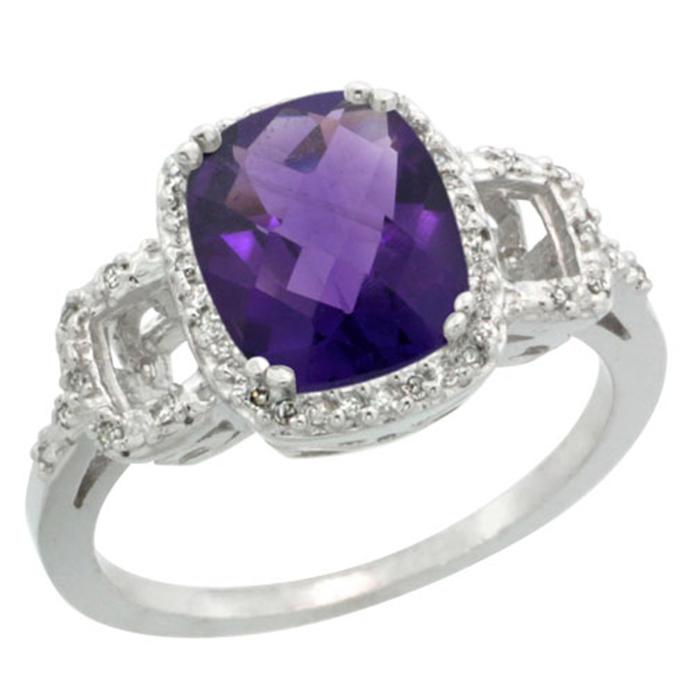 Sterling Silver Diamond Natural Amethyst Ring Cushion-cut 9x7mm, 1/2 inch wide, sizes 5-10
