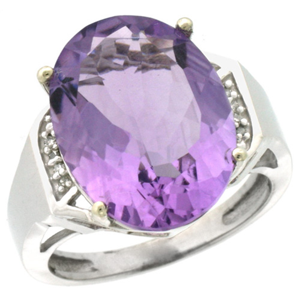 Sterling Silver Diamond Natural Amethyst Ring Oval 16x12mm, 5/8 inch wide, sizes 5-10