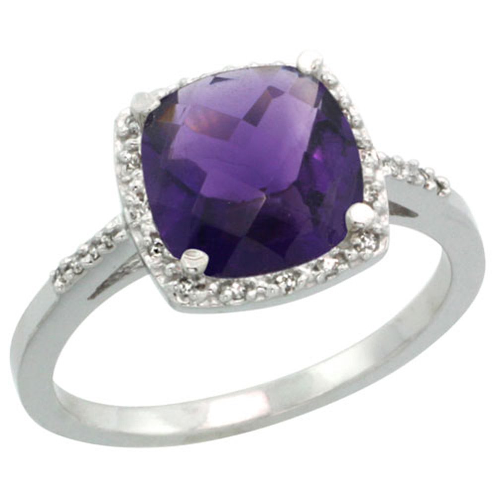 Sterling Silver Diamond Natural Amethyst Ring Cushion-cut 8x8mm, 1/2 inch wide, sizes 5-10