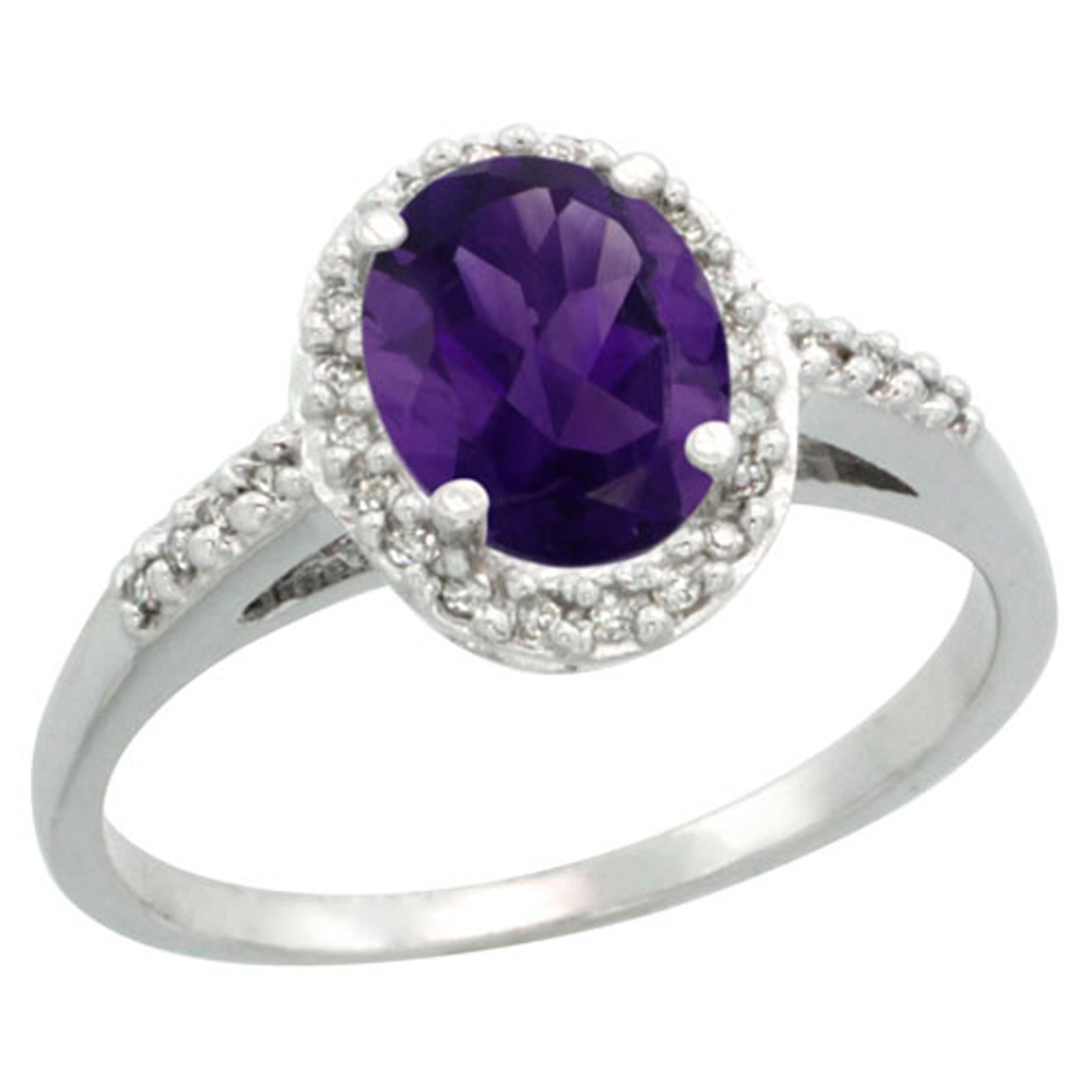 Sterling Silver Diamond Natural Amethyst Ring Oval 8x6mm, 3/8 inch wide, sizes 5-10