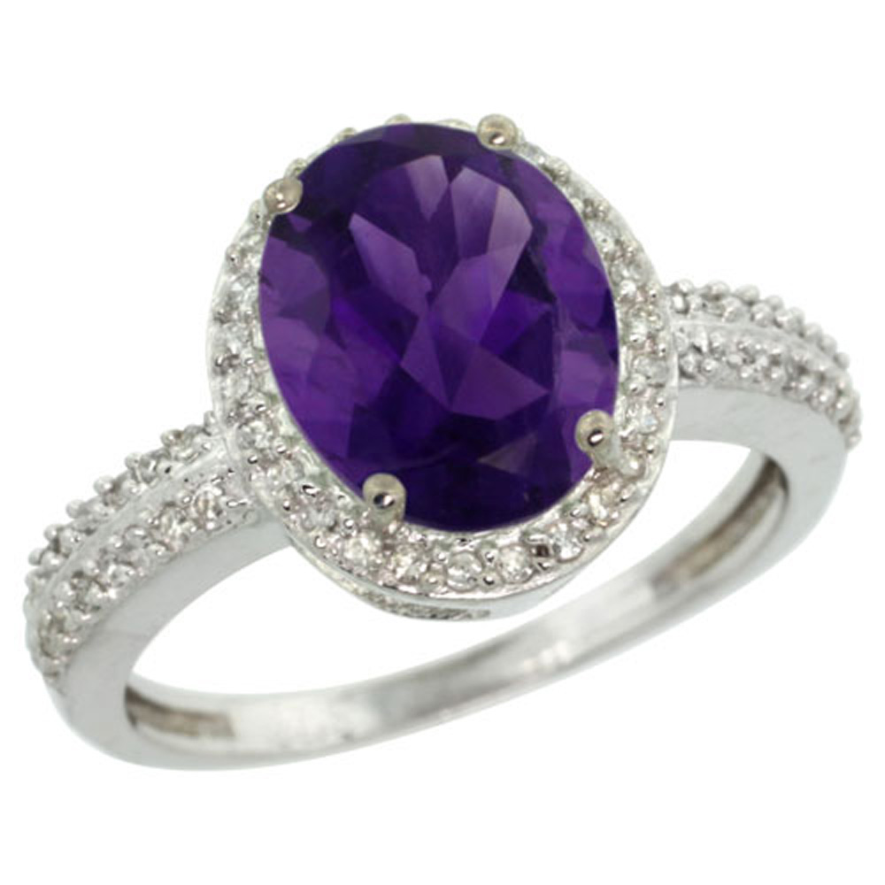 Sterling Silver Diamond Natural Amethyst Ring Oval 10x8mm, 1/2 inch wide, sizes 5-10