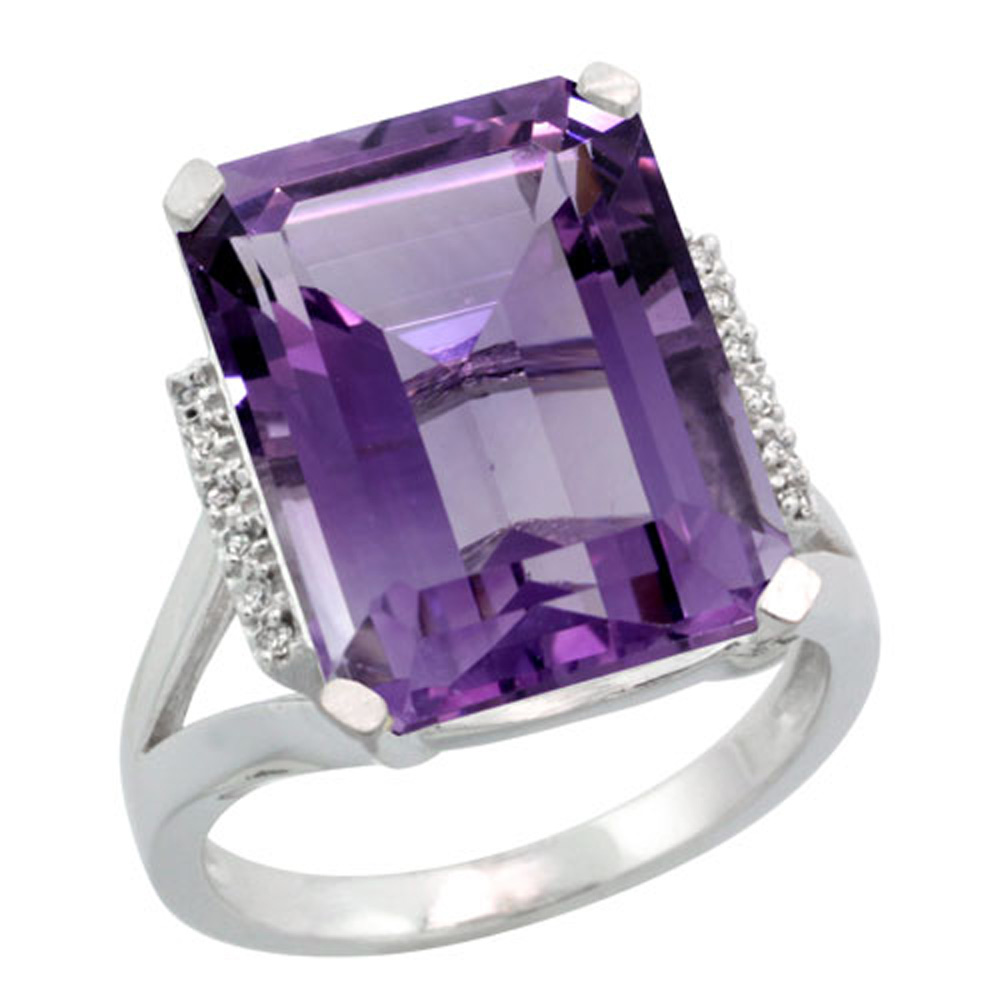 Sterling Silver Diamond Natural Amethyst Ring Emerald-cut 16x12mm, 3/4 inch wide, sizes 5-10