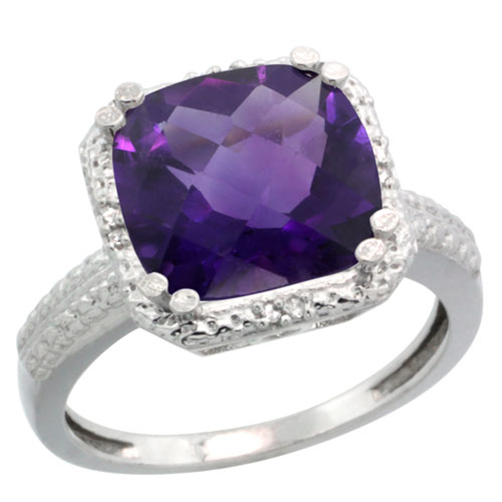 Sterling Silver Diamond Natural Amethyst Ring Cushion-cut 11x11mm, 1/2 inch wide, sizes 5-10