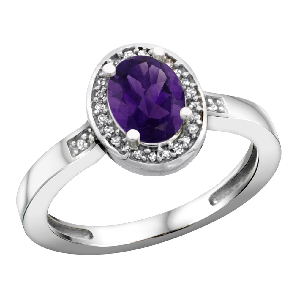 Sterling Silver Diamond Natural Amethyst Ring Oval 7x5mm, 1/2 inch wide, sizes 5-10