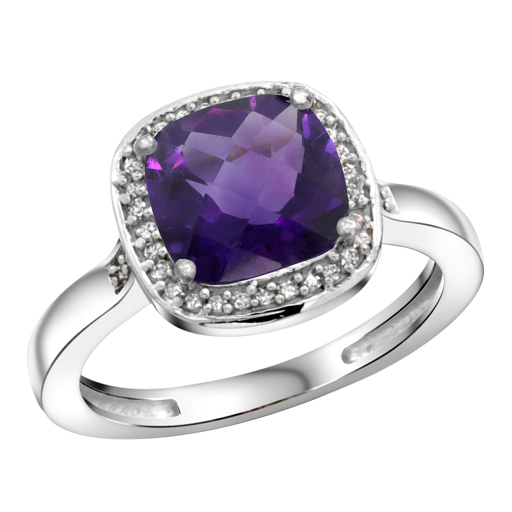 Sterling Silver Diamond Natural Amethyst Ring Cushion-cut 8x8mm, 1/2 inch wide, sizes 5-10