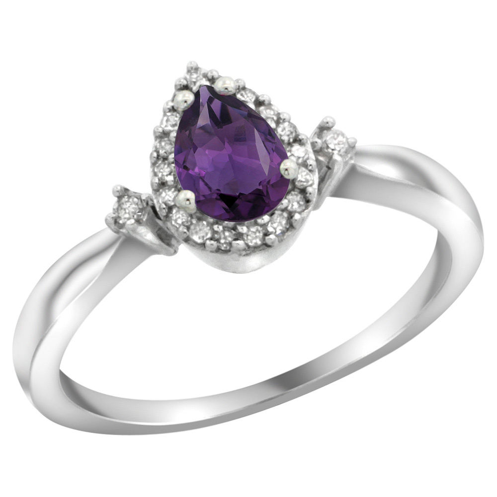 Sterling Silver Diamond Natural Amethyst Ring Pear 6x4mm, 3/8 inch wide, sizes 5-10