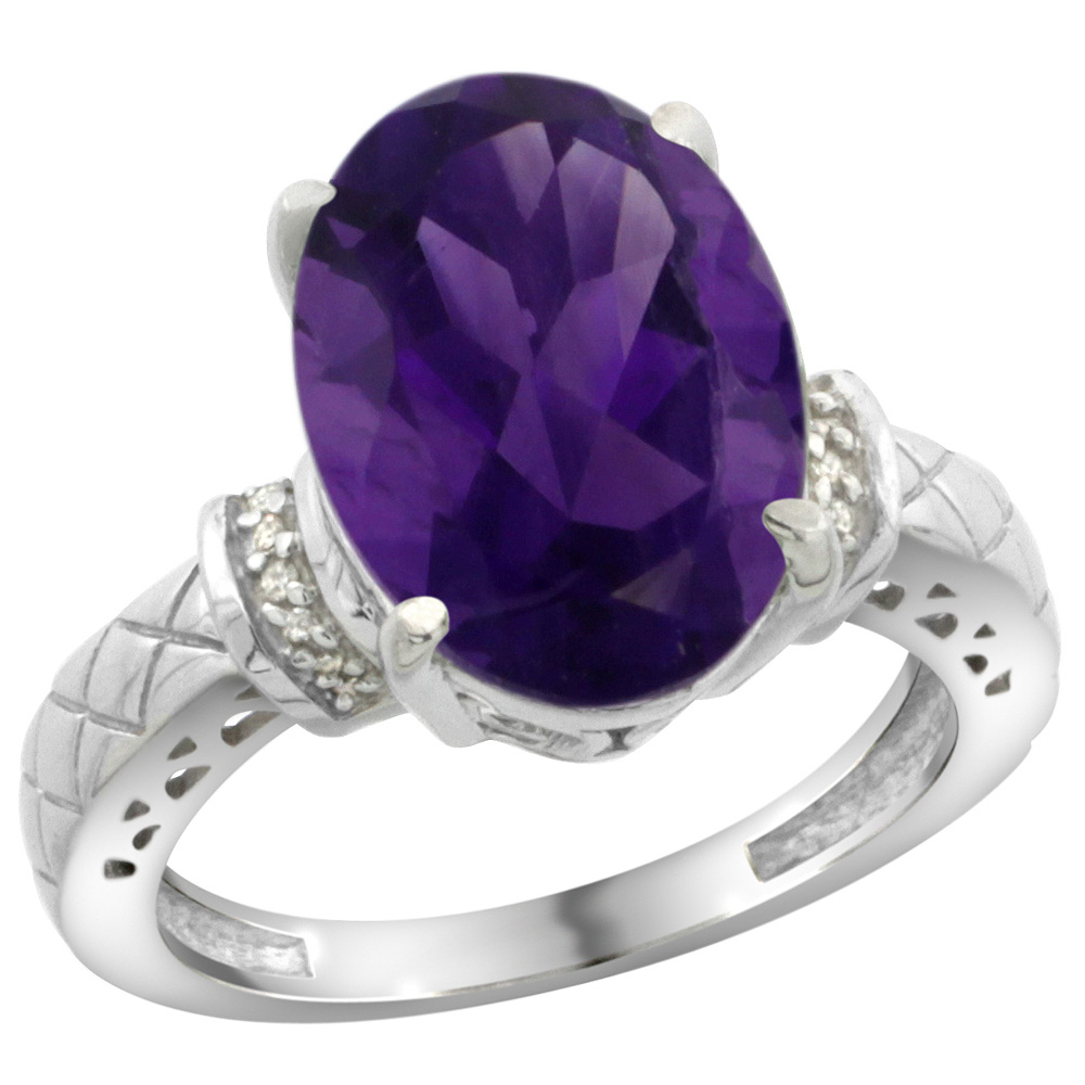 Sterling Silver Diamond Natural Amethyst Ring Oval 14x10mm, sizes 5-10