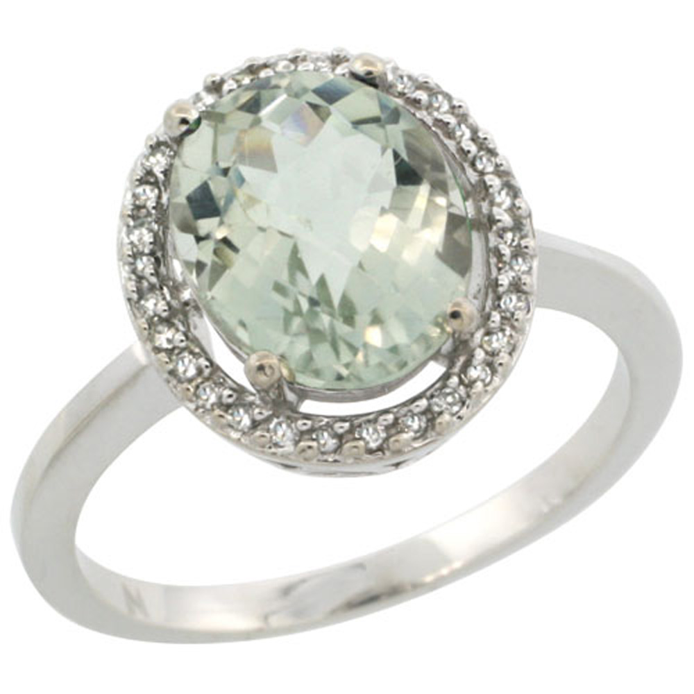 Sterling Silver Diamond Halo Natural Green Amethyst Ring Oval 10X8 mm, 1/2 inch wide, sizes 5-10