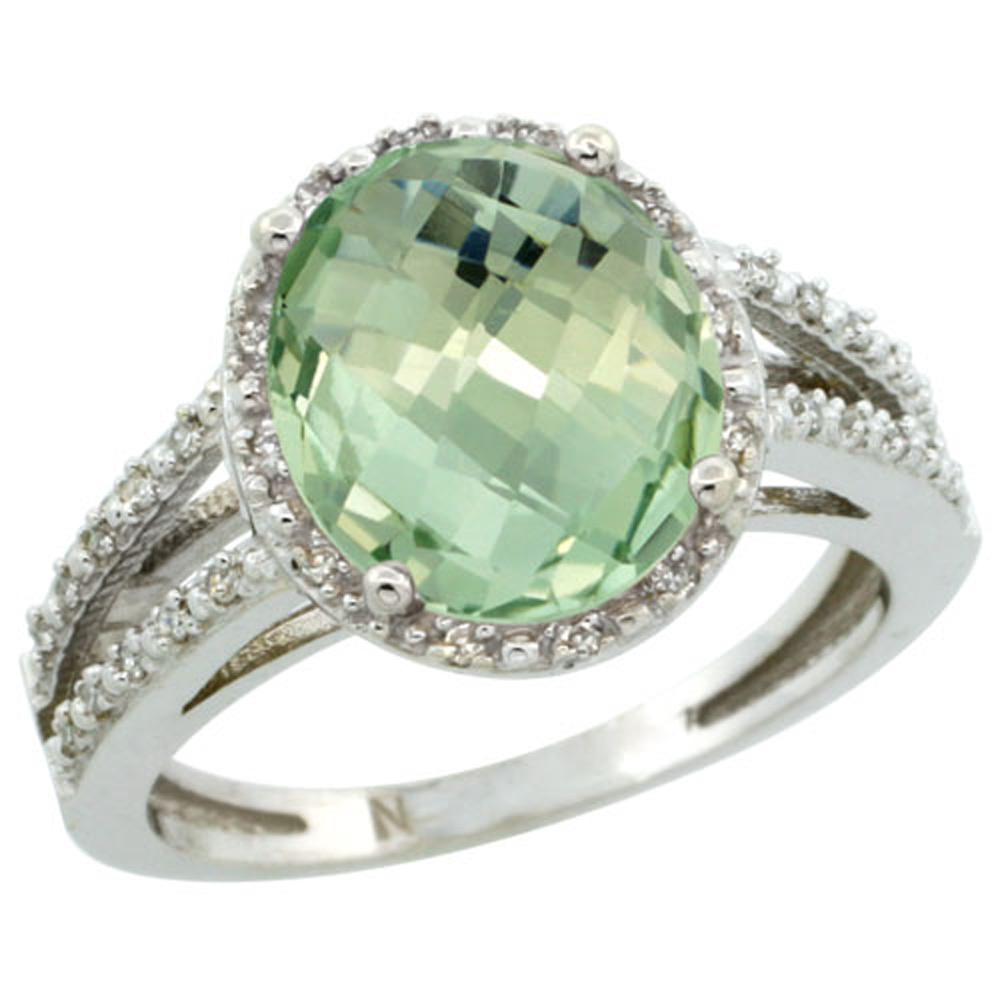 Sterling Silver Diamond Halo Natural Green Amethyst Ring Oval 11x9mm, 7/16 inch wide, sizes 5-10