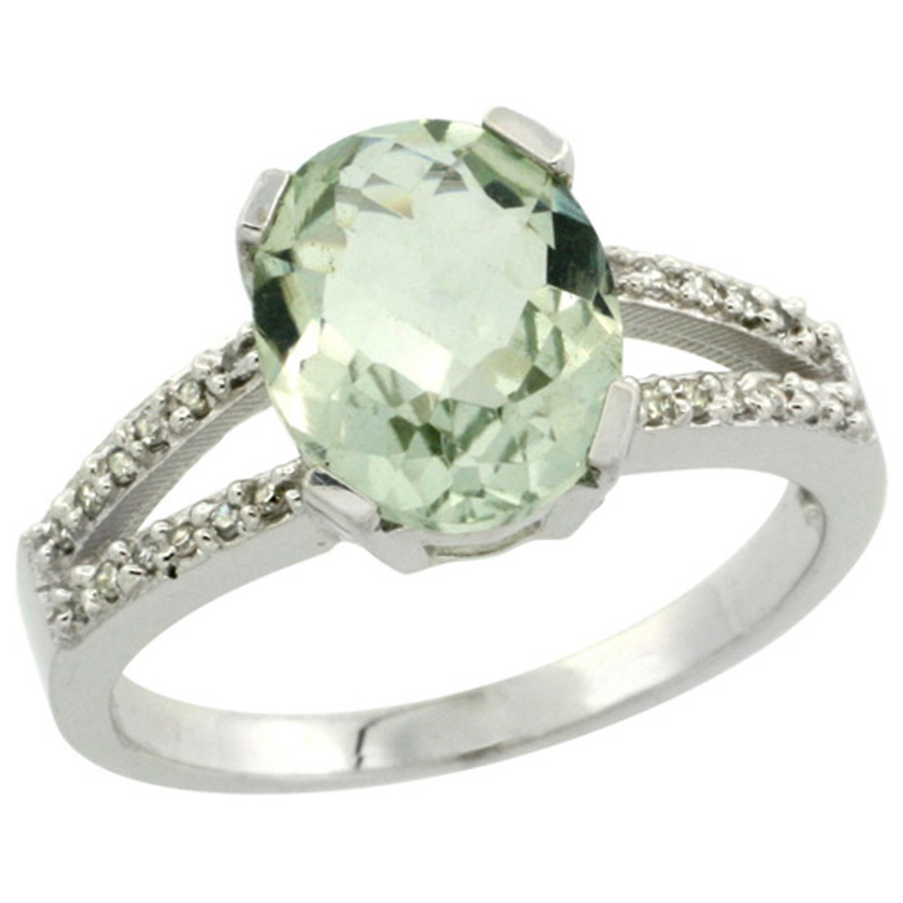 Sterling Silver Diamond Halo Natural Green Amethyst Ring Oval 10x8mm, 3/8 inch wide, sizes 5-10