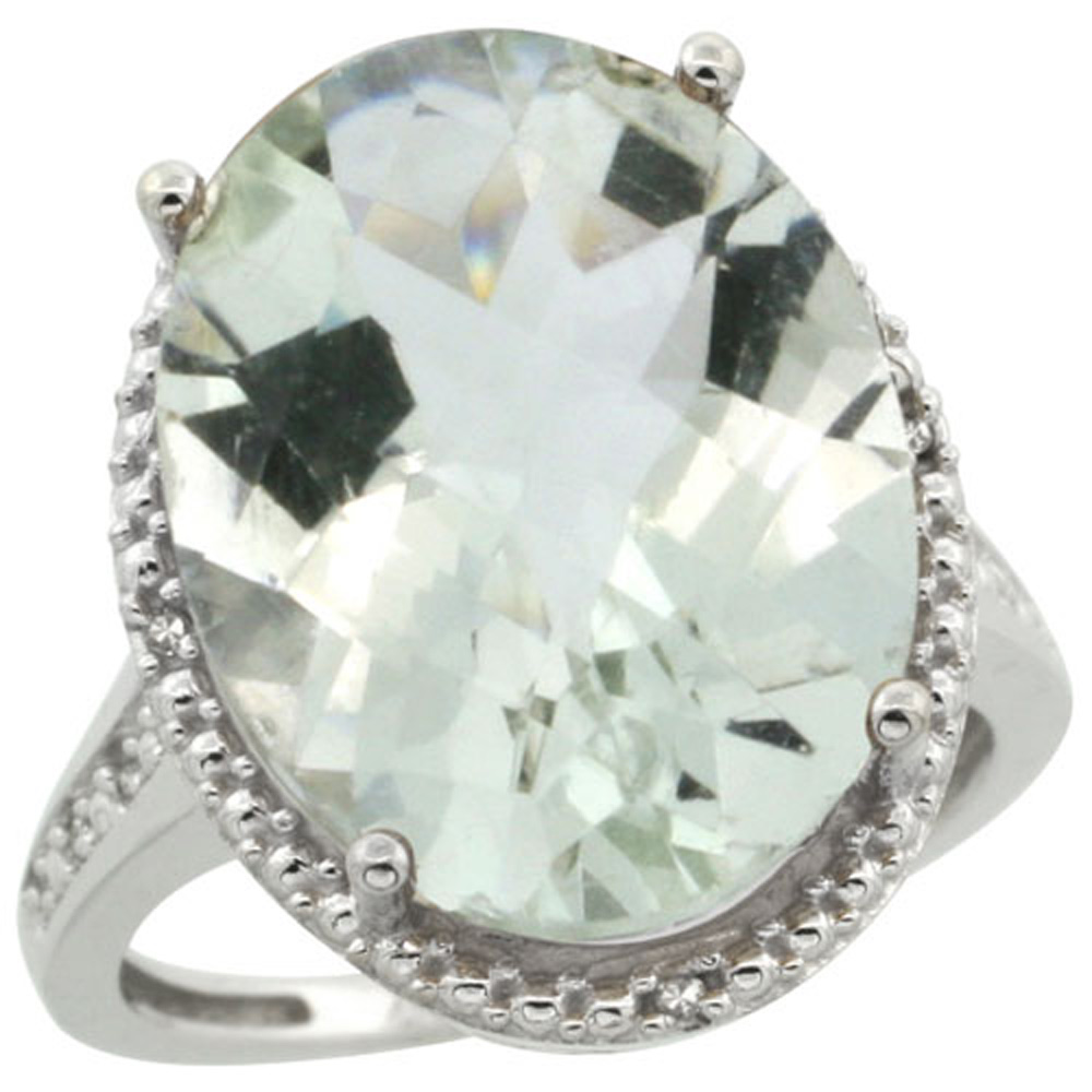 Sterling Silver Diamond Natural Green Amethyst Ring Ring Oval 18x13mm, 3/4 inch wide, sizes 5-10