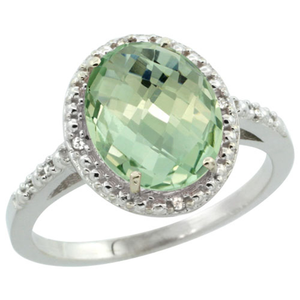 Sterling Silver Diamond Natural Green Amethyst Ring Oval 10x8mm, 1/2 inch wide, sizes 5-10