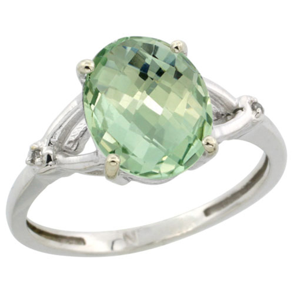 Sterling Silver Diamond 10x8mm Oval Natural Green Amethyst Engagement Ring for Women 3/8 inch wide Sizes 5-10