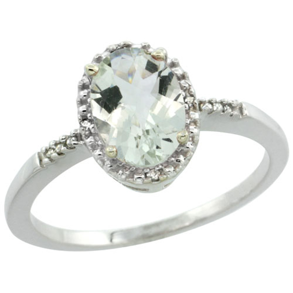 Sterling Silver Diamond Natural Green Amethyst Ring Ring Oval 8x6mm, 3/8 inch wide, sizes 5-10
