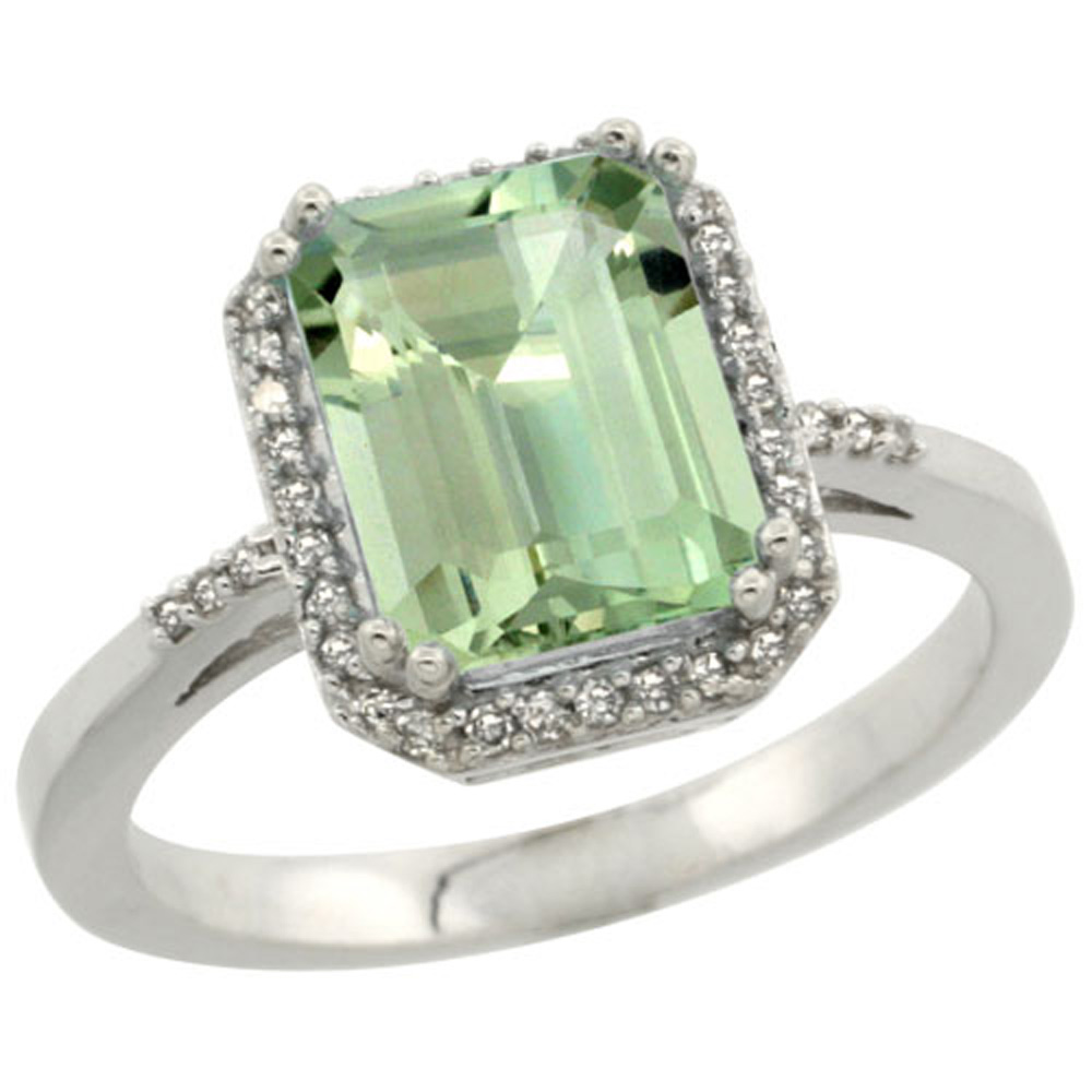 Sterling Silver Diamond Green Amethyst Ring Emerald-cut 9x7mm, 1/2 inch wide, sizes 5-10
