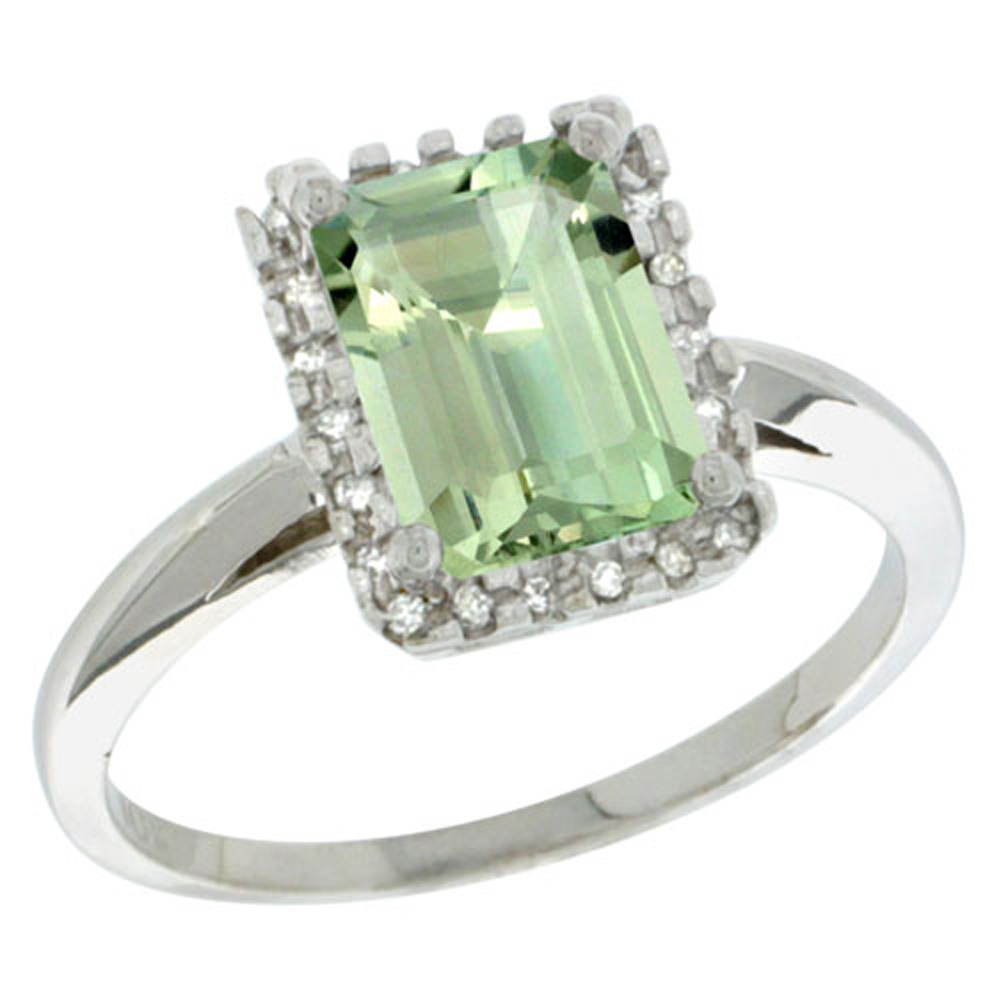 Sterling Silver Diamond Green Amethyst Ring Emerald-cut 8x6mm, 1/2 inch wide, sizes 5-10
